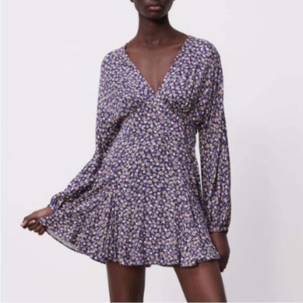 ZARA Bitsy Floral Purple Flare Mini Dress M - Picture 2 of 7